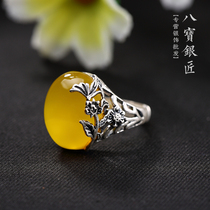 Babao Silversmith S990 foot silver natural yellow chalcedony ring Korean version of retro plum blossom lady high-end ring to send mother