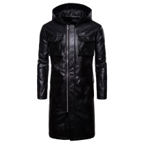 Rock god multi-pocket hooded leather coat Mens large size leather jacket Korean version windproof leather jacket long windbreaker