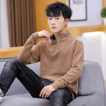 Autumn and winter mens semi-turtleneck sweater mens youth Korean thick sweater pullover zipper knitwear mens plaid