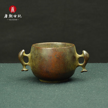 Antique antique bronze antique Xuande furnace copper furnace passed down eggplant color old skin shell paste fish shaped double ear incense burner