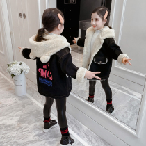 Korean girl denim coat 2021 New style thick plus velvet childrens winter dress little girl middle child autumn and winter