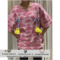 Moss new MOTO GUO 21 spring summer blue pink dome short T-shirt chest front flow Su hanging decorated blouse