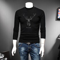 Black Deer Head Mens Undershirt Autumn Winter Paragraph Thickened Inner Hitch Long Sleeve Semi-High Neckline Embroidered T-shirt
