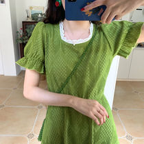 Resurrection Matcha green French lace dress womens summer new long style square collar A- line dress vest waistcoat