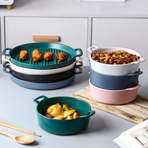 Nordic ceramic striped binaural pizza baking tray microwave oven oven baking bowl home creative dish baked rice bowl