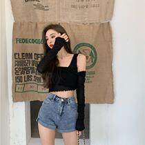 Korean Version Short Sleeve Open-shoulder T-shirt Woman Summer Thin minimalist High waist Long sleeves 2021 New Loose Blouses
