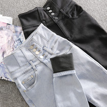 High waist jeans Women with thickened gush winter display slim fit with hip small foot pants 2021 new light blue 100 hitch