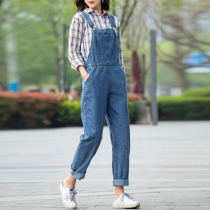 Denim bib pants womens Korean version loose 2021 new spring and summer womens fashion age-reducing small one-piece pants