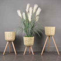 Nordic floor iron flower stand living room interior decoration woven straw basket with tripod green flower pot TV cabinet ornaments