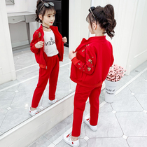 Girl Autumn Clothing Suit 2021 New Childrens Spring Autumn Season Online Red Ocean Sports CUHK Child Trendy Three Sets Tide