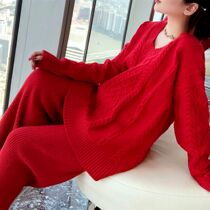 Autumn Winter Thickened Sweater Suit Women Fashion temperament Han version V collar Lazy Wind Cashmere Knitted Pants Two Sets Tide