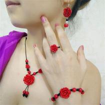 Red cinnabar lacquer carving necklace bracelet ring earrings sweater chain four-piece set of national style jewelry