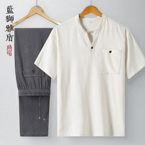 Summer father clothes Chinese style linen short sleeve T-shirt middle-aged and elderly cotton linen suit father men grandfather summer clothes
