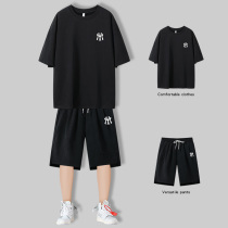 2021 new short-sleeved t-shirt mens ins trend loose summer ruffian handsome sports suit mens set with handsome
