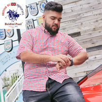 Paul large size mens short-sleeved plaid shirt Young fat guy fat man fat man loose half-sleeve shirt tide