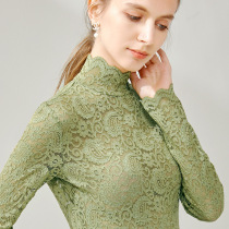 Purple 2021 autumn and winter New Interior high collar flower full lace hollow long sleeve top mesh base shirt female