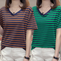 200 Jin size short sleeve t-shirt womens striped fat mm summer 2021 New Korean cotton loose V neck top