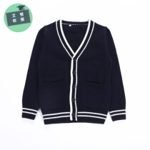 Navy blue school uniform cardigan navy blue white striped sweater British international autumn and winter class clothing cotton sweater