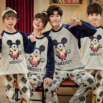  Flannel spring autumn and winter parent-child pajamas for a family of three or four mothers and daughters boys and children Spongebob coral velvet