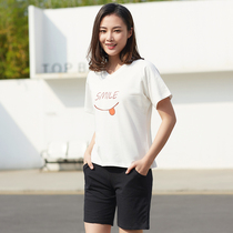 Clearance special summer cotton sports suit womens V-collar short-sleeved shorts running casual letter printing two-piece set