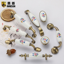Eagle shield modern pastoral drawer handle cabinet wardrobe door handle European antique copper red and blue flower ceramic handle