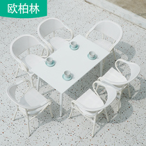 Outdoor Table And Chairs Balcony Casual Table And Chairs Patio Outdoor Milk Tea Shop Outside Swing White Rattan table and chairs with umbrella combination