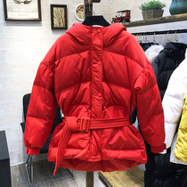 Special cabinet thickened cap in winter small downflow suit female Korean version of short bread suit casings waist fashion white duck down jacket