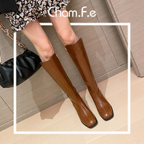 Brown boots square head thick heels high Knight boots autumn and winter leather plus Velvet Chain middle heel boots children 495C