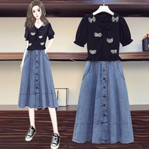  Big woman high-end plus size womens clothing 2021 summer new fat mm thin T-shirt denim skirt two-piece suit