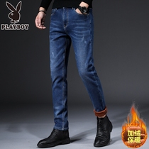  Playboy mens jeans autumn and winter plus velvet straight trousers trend slim-fitting small-footed pants thicken and keep warm