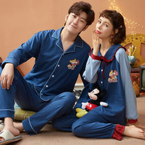Spring and autumn couple pajamas pure cotton cardigan cartoon mens and womens long-sleeved loose large size two-piece suit home clothes winter