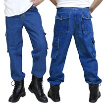 Pure cotton jeans mens multi-pocket overalls workshop construction site welding wear-resistant anti-hot electrical tooling casual pants