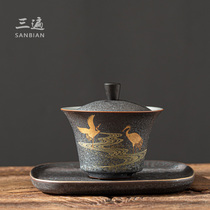 Three golden spots Three-cai Gaiwan Tea bowl Hand-caught pot tea cup Single tea cup Ceramic gilt crane tea bowl