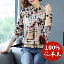 Goat sweatshirt woman 100 pure wool Mom knitted blouse with loose printed high collar sweater 100 hitch and winter hit bottom