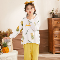 Girls Childrens pajamas Girls spring and autumn pure cotton long-sleeved middle and large child princess cute pineapple home dress set autumn