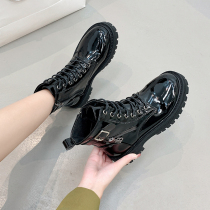 Leather shoes womens English style Martin boots 2021 New ins tide black bright leather thick bottom short boots Womens Spring and Autumn single boots