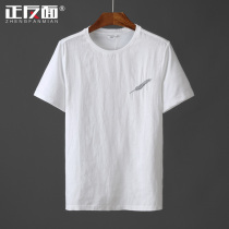 Feather embroidery white linen short sleeve mens T-shirt youth casual simple cotton linen half sleeve hemp body shirt E