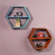 Zakka Retro decorative hexagonal wall shelf Solid wood living room wall hanging shelf Multi-layer bookshelf punch-free