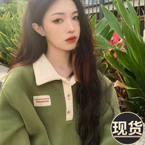 ader new American retro polo collar capless sweater womens autumn and winter plus velvet thickened salt loose thin top