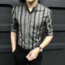 Fuguiniao 2021 new middle sleeve shirt men's fashion handsome striped shirt casual slim five sleeve men's clothing