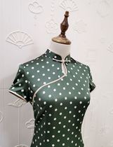 JULEE custom dark green polka dots stretch silk satin slim improvement fashion young wave dot daily cheongsam