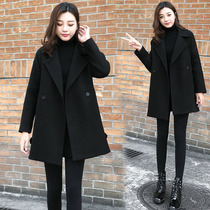 Black woolen coat womens long paragraph cotton thickened 2021 autumn and winter New woolen coat Korean version loose Leisure