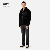 AMI Mens Classic Love Style Plush Black Casual Simple Zipper Stand Up Lapel Jacket