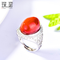 Sichuan Liangshan South Red Agate Ring Female Full Color Persimmon Red 925 Silver Live Ring Face Ring Men and Women Jewelry