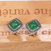 Jiashun green earrings female retro green personality Thai silver jalcedony agate 925 silver temperament earrings ear jewelry Japan and Korea