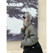 HOZI winter Korean loose thick short hooded big wool collar cotton coat mens trend ins bread cotton jacket