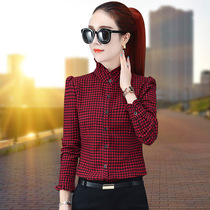 Plaid shirt Womens 2021 Autumn New collar base shirt Korean loose thin foreign fashion fashion light mature shirt