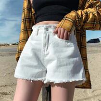 South Korea 2021 summer new white denim shorts womens high waist elastic burrs loose wide legs black hot pants tide