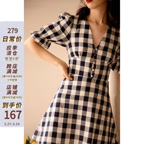 MICHELLLYMO French style vintage palace sleeve plaid V collar Supper body slim short chic Hepburn windy dress woman