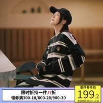 PSO Brand fun cartoon bear embroidered round neck pullover striped sweater men loose warm base shirt